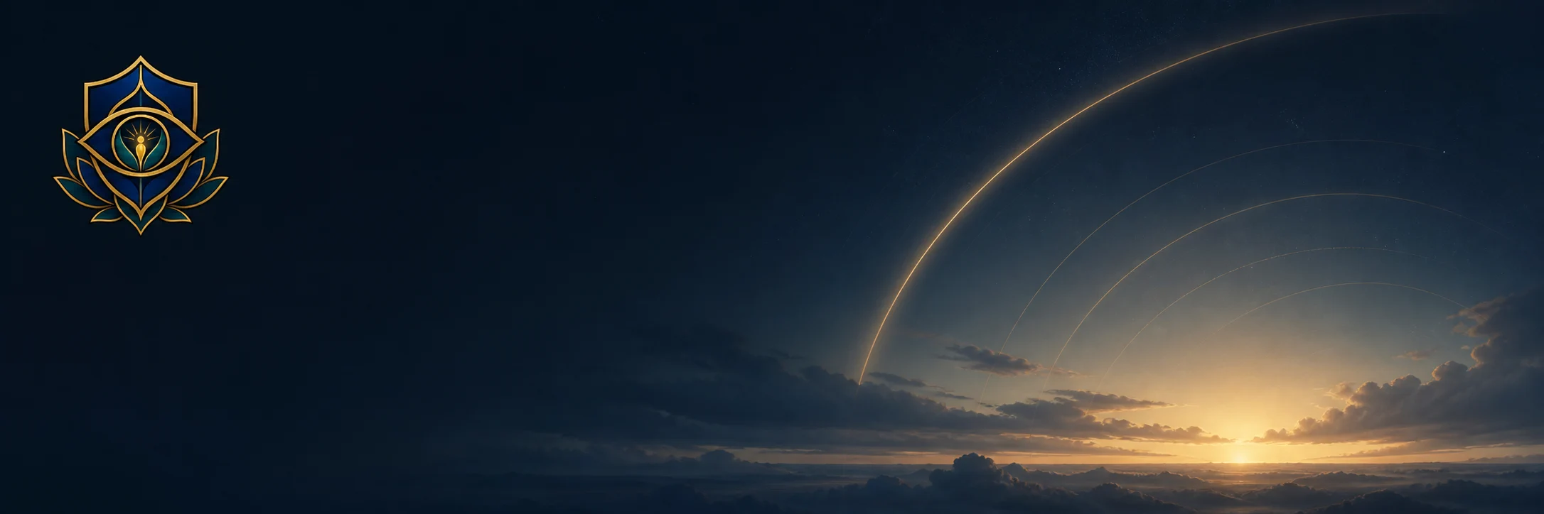 A gold Zen Sentry seal above a quiet planetary horizon, with a luminous path toward dawn.